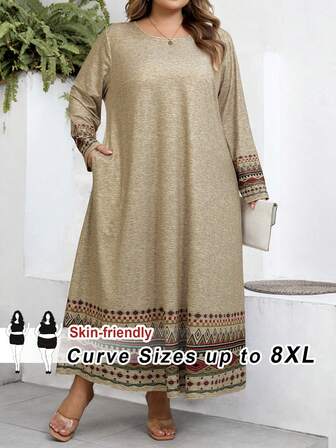 SHEIN CURVE+ 加大码黑色长袖宽松A字中长连衣裙，时尚秋冬连衣裙