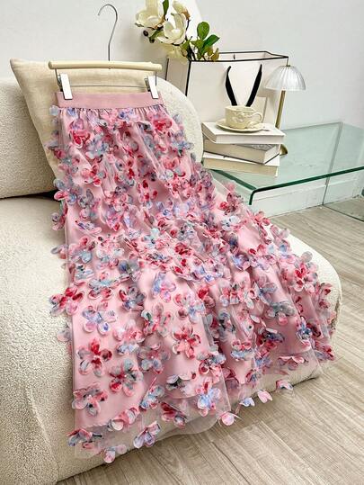 Modelyn Plus Size Women's Tie-Dye Floral Elegant Romantic Skirt