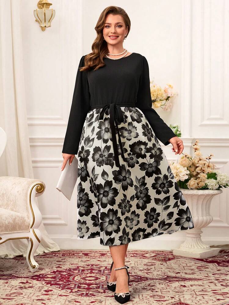 Plus Size Women Elegant Colorblock Floral Print Dress, Elegant Dresses For Women , Long Sleeve Elegant Dress/Flower/Summer/Spring/Vacation