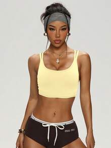 女士无缝瑜伽运动文胸，交叉露背设计 - 黃色 - 查看 2