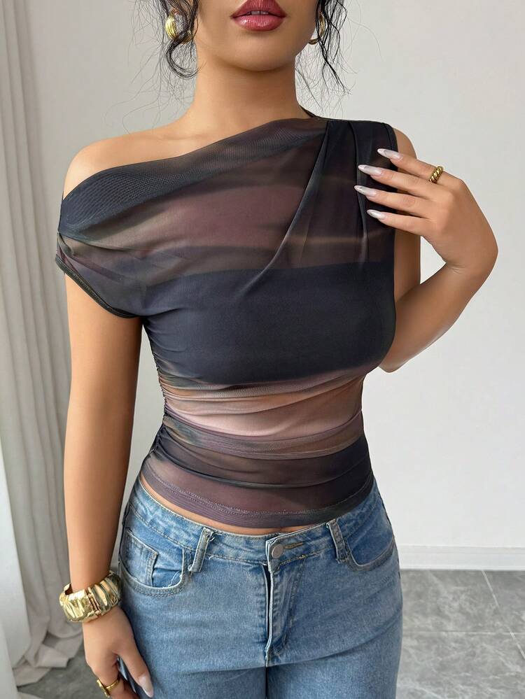 Elenzga 女士针织数码印花露肩优雅时尚夏季T恤 - 黑色 - 查看 4