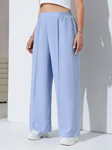 SHEIN EZwear Plus Size Women Solid Color Casual Versatile Commuting Wide Leg Pants - Baby Blue - View 5