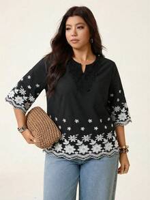 SHEIN LUNE Camisa casual de vacaciones con cuello con muesca y ribete bordado, talla grande - Negro - Ver 3