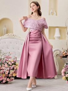 SHEIN Mädchen Locker geschnittener V-Ausschnitt Farbblock Blumen Spitzenbesatz Bademantel, Rosa, geeignet für Frühling/Sommer, Urlaub - Altrosa - Übersicht 5