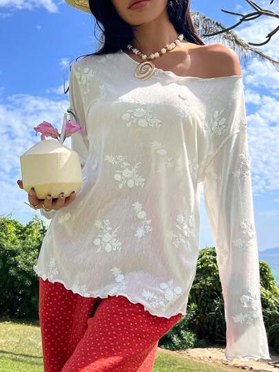 DAZY 3D Embroidered Floral Pattern Women's Lightweight Sleepwear Top