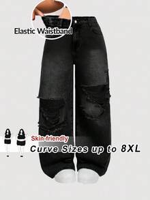 SHEIN CURVE+ 大码休闲水洗做旧阔腿牛仔裤 - 黑色 - 查看 6