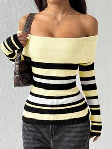 Jeanoix 女士休闲时尚撞色条纹翻领露肩修身毛衣，秋冬款 - 黃色 - 查看 3