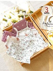 SHEIN 女婴舒适百搭甜美可爱吊带短裤套装，多件套夏季服装 - 彩色 - 查看 8