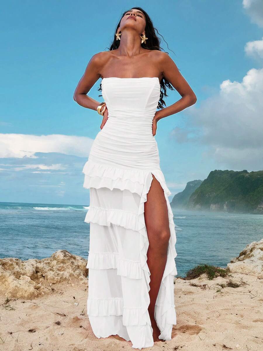 Opulessa 纯色针织多层荷叶边开衩修身连衣裙（女款） - 白色 - 查看 1