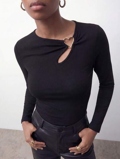 Maija Women's Casual Everyday Commute Simple Solid Color Irregular Neck Heart Buckle Decor Long Sleeve Fitted Black T-Shirt, Black Tops Women Sexy Women Tops Elegant