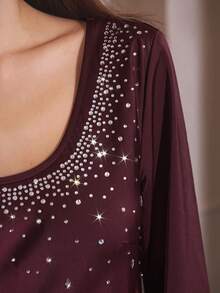 Maija 女士纯色圆领水钻装饰长袖连衣裙 - 酒紅色 - 查看 6