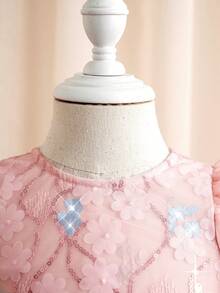 SHEIN 优雅可爱的粉色薄纱蝴蝶结短袖公主裙，正式场合着装 - 粉色 - 查看 4