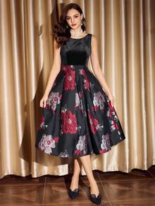 Vintamour Vestido feminino vintage clássico e elegante para festa, vestido justo com patchwork, vestido de veludo jacquard, vestido regata, vestido evasê vermelho vinho - Preto - Ver 6