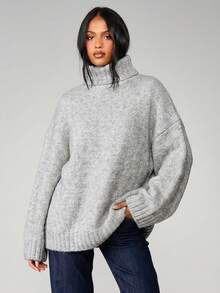 MISSGUIDED 宽松高领粗针织套头毛衣，罗纹袖口和下摆，适合冬季舒适休闲穿着 - 淺灰色 - 查看 3