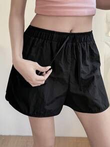 DAZY Women's Solid Color Drawstring Waist Casual Versatile Daily Workout Outdoor Sports Shorts - Black - View 5