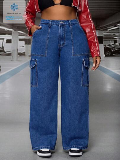 SHEIN SXY Quần jeans cargo ống đứng cỡ lớn, không co giãn, dáng rộng, màu trơn, kiểu dáng thường ngày.