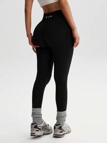 Dewbera 1pc Women's Black Printed Tight Leggings, Seamless Knit High Stretch Comfortable Yoga Fitness Sports Pants, Autumn/Winter