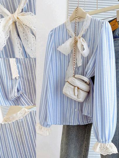 SHEIN Franclia Women's New Spring And Summer Blue And White Striped Lace Bow Long-Sleeved Blouse, Featuring Puff Sleeves And Lace Decorated Bow, Made Of Lightweight And Breathable Fabric, Suitable For Spring And Summer French Style / Daily Outings. Product Features Include: Women's Pretty And Sweet Striped Blouse, Lace Bow Youthful Top, Puff Sleeve Slimming Blouse, Blue And Fresh Office Blouse, French Gentle Blue And White Striped Blouse.