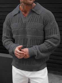 Manfinity Homme Men's Solid Color Casual Versatile Commuting Long Sleeve Sweater, Autumn/Winter Men Crochet Top Knitted Men Shirt Sweater Shirt Men Men Knit Sweater Men V Neck Knit Gray Knit Top Men Sweater Grey Outfit Men - Grey - View 7