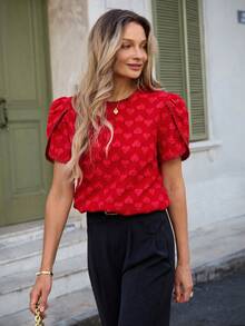 Louniche 女士春季休闲圆领花瓣袖简约直筒心形提花情人节短袖百搭衬衫 - 紅色 - 查看 4