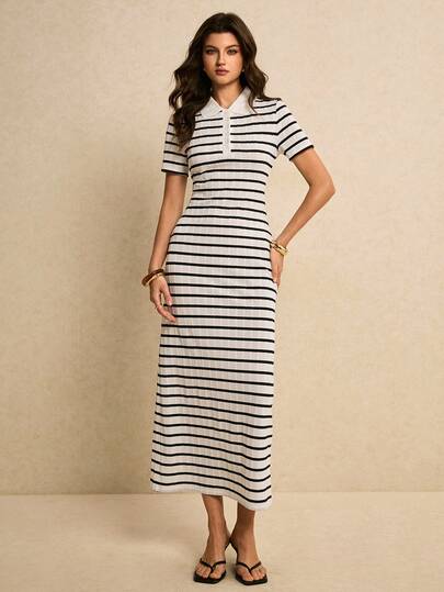Poéselle Women's Dress Striped Ribbed Polo-Collar Button Midi Dress – Effortless Preppy Knit Statement For Summer Days Striped Polo Dress, Rib Knit Midi Dress, Button Front Summer Dress, Preppy Knitwear, Coastal Chic Outfit, French Girl Style Dress, Casual Collar Dress, Tenniscore Fashion Casual Commuter Striped Dress, Summer