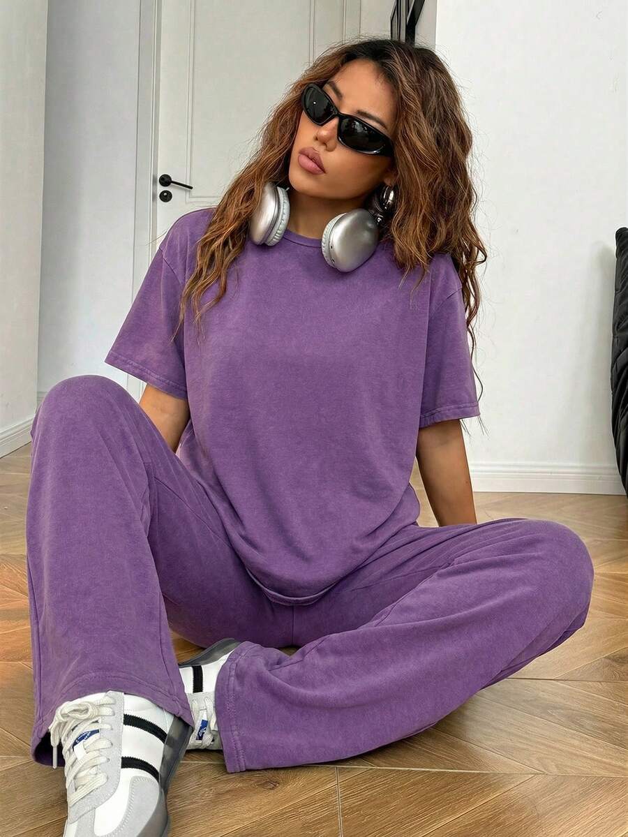 SHEIN EZwear 针织休闲圆领短袖直筒裤做旧水洗宽松套装 - 紫色 - 查看 1