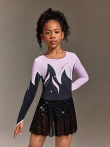 Tween Girl Contrast Color Print Dance & Ice Skating Activewear, Embellished With Shiny Rhinestones - Multicolor - View 3