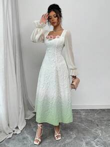 Modelyn 女士提花花卉拼接中长款梭织连衣裙 - 綠色 - 查看 5