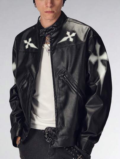 Street Life Veste de moto à col montant, motif croisé, poche, fermeture éclair avant, , manches longues pour hommes