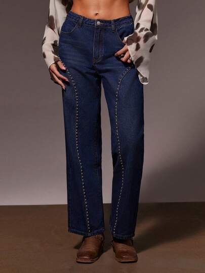 Athîral Women's Straight Leg Casual Versatile Slanted Pocket Jeans, Blue Jeans, Studded Jeans, Outdoor Wear, Date Party Wear, Commuting Casual Wear, Street Wear