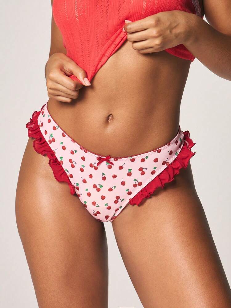 MISSGUIDED Cherry Print Thong With Ruffle Trim Mesh Frill Detail Low Rise Hipster Style Underwear Brief Lingerie