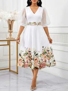 SHEIN Lady 女士V领印花优雅收腰灯笼袖派对中长连衣裙 - 彩色 - 查看 5