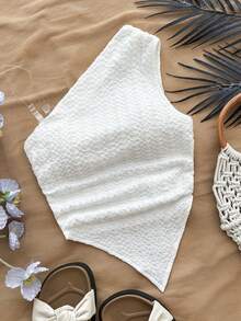 少女不对称下摆无袖纯白色休闲度假时尚纹理针织吊带衫 - 白色 - 查看 1
