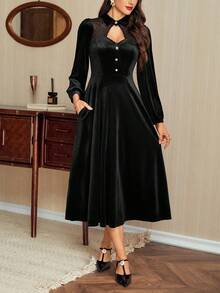Vintamour Vintage Classic Elegant Women's Dress, Fitted Patchwork Dress With Collar, Pockets, Long Sleeve, Wine Red, Autumn/Winter - Black - View 1