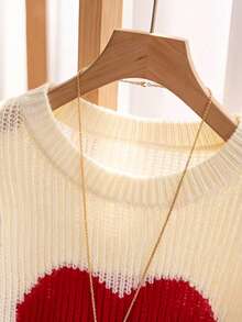 Franclia 柔软圆领撞色爱心提花套头毛衣，女士春秋新款，叠穿针织上衣