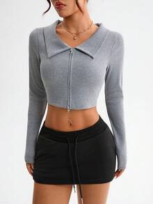 Dewbera جاكيت قصيرة نسائية كاجوال رياضية قابلة للعكس مع سحاب - رمادي - مشاهدة 3