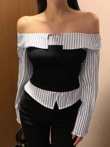 DAZY 修身时尚撞色条纹露肩长袖上衣 - 黑色 - 查看 6