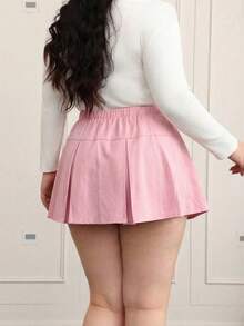 CovetEZ Plus Size Women Solid Color Pleated Fashionable Versatile Date/Outing Mini Skirt - Pink - View 2