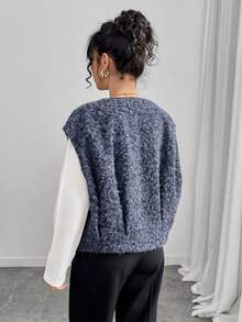 Almamuse Femmes grande taille Gilet sans manches minimaliste de couleur unie - Bleu azur - Voir 2