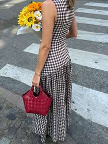 Pariaura 2026 Women's Plaid Patchwork Milkmaid Dress, Sleeveless Style With Smocked Details & Full Flared Hem, Zipper Closure, Casual Daily Commute Minimalist Holiday Dress - Multicolor - View 2