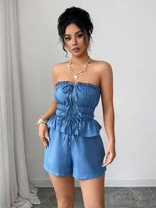 Rafferiza Conjunto Feminino Women's New Spring/Summer Blue Denim Texture Strappy Jumpsuit With Thin Straps, Bandeau-Style Top, Drawstring And Bow Detail At The Bust, Elasticated Waist, And Ruffled Hem Shorts Set. - Blue - View 7