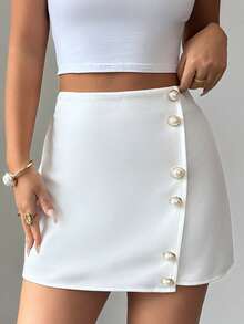 SHEIN Elenzya Damen A-Linie Rock mit Perlenknopf-Dekor, minimalistischer College-Stil Pendler-Lässig-Wear, geeignet für Ausgehen, Dates, Einkaufen, Zuhause, Frühling/Sommer - Weiss - Übersicht 1