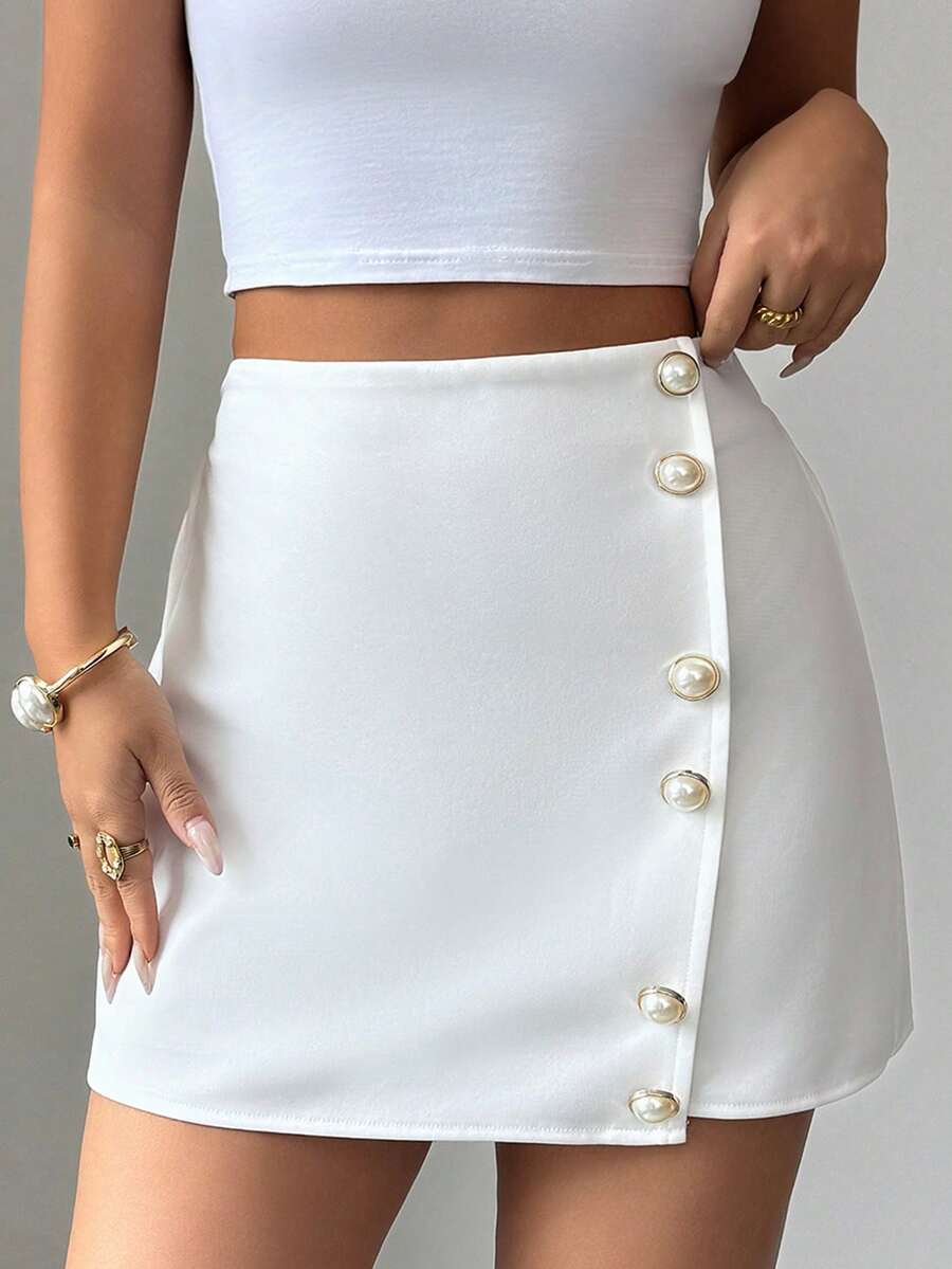 SHEIN Elenzya Damen A-Linie Rock mit Perlenknopf-Dekor, minimalistischer College-Stil Pendler-Lässig-Wear, geeignet für Ausgehen, Dates, Einkaufen, Zuhause, Frühling/Sommer - Weiss - Übersicht 1