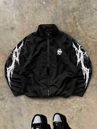 Sport MetroGents Chaqueta deportiva con cremallera y estampado de letras de manga larga para hombre