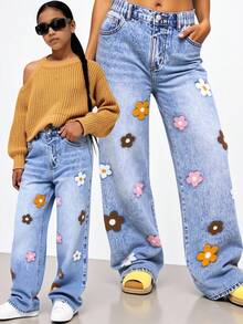 SHEIN ChillGRL 少女时尚雪花水洗刺绣阔腿牛仔裤，适合春、夏、秋、冬四季穿着，学院风、街头风、休闲风、可爱风、复古风，适合秋冬季日常出行、聚会、居家、度假、返校季等场合。 - 中等水洗藍 - 查看 8