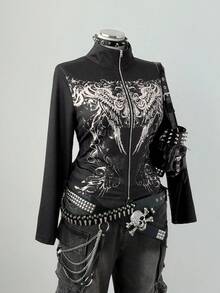 Sunspun 大码女式修身立领复古前卫朋克风印花水钻装饰前拉链夹克卫衣，秋冬款 - 黑色 - 查看 5