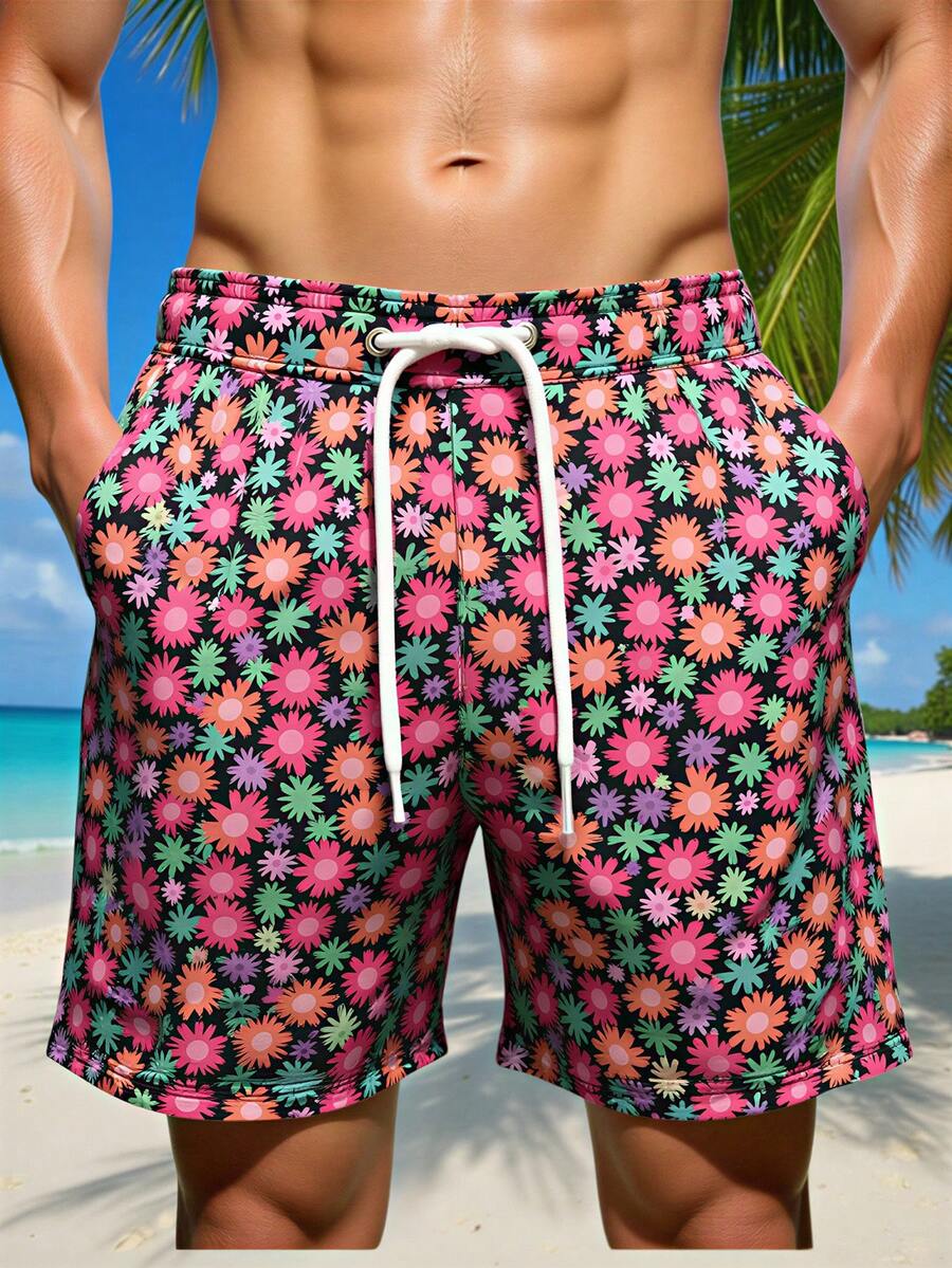 Manfinity Swimmode 男士休闲印花抽绳腰宽松沙滩短裤，带侧袋，夏季度假风男士配套泳裤，男士沙滩装，男士泳裤短裤，夏威夷黑色夏威夷风泳裤，印花泳裤，男士印花泳裤，男士配套印花短裤 - 紅色 - 查看 1