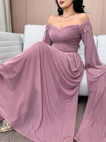 Feyla Women's Off Shoulder Floral Embroidery Ruffle Elegant Dress With Extra Long Sleeves - Dusty Pink - View 2