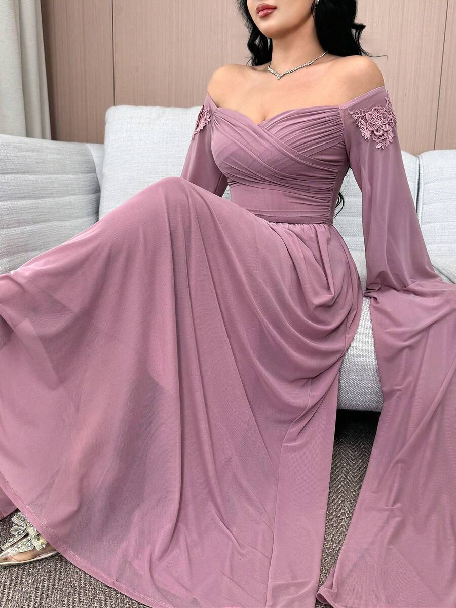 Feyla Women's Off Shoulder Floral Embroidery Ruffle Elegant Dress With Extra Long Sleeves