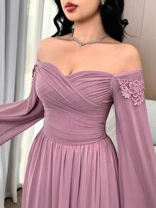 Feyla Women's Off Shoulder Floral Embroidery Ruffle Elegant Dress With Extra Long Sleeves - Dusty Pink - View 5